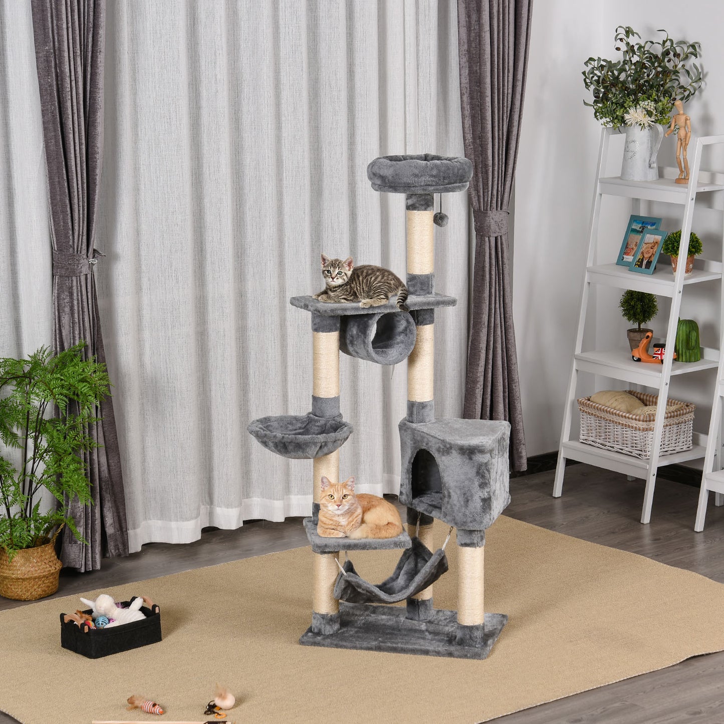 PawHut Árbol Rascador para Gatos 154 cm de Altura Torre para Gatos con Plataformas Túnel Hamaca y Postes de Rascado de Sisal 60x40x154 cm Gris