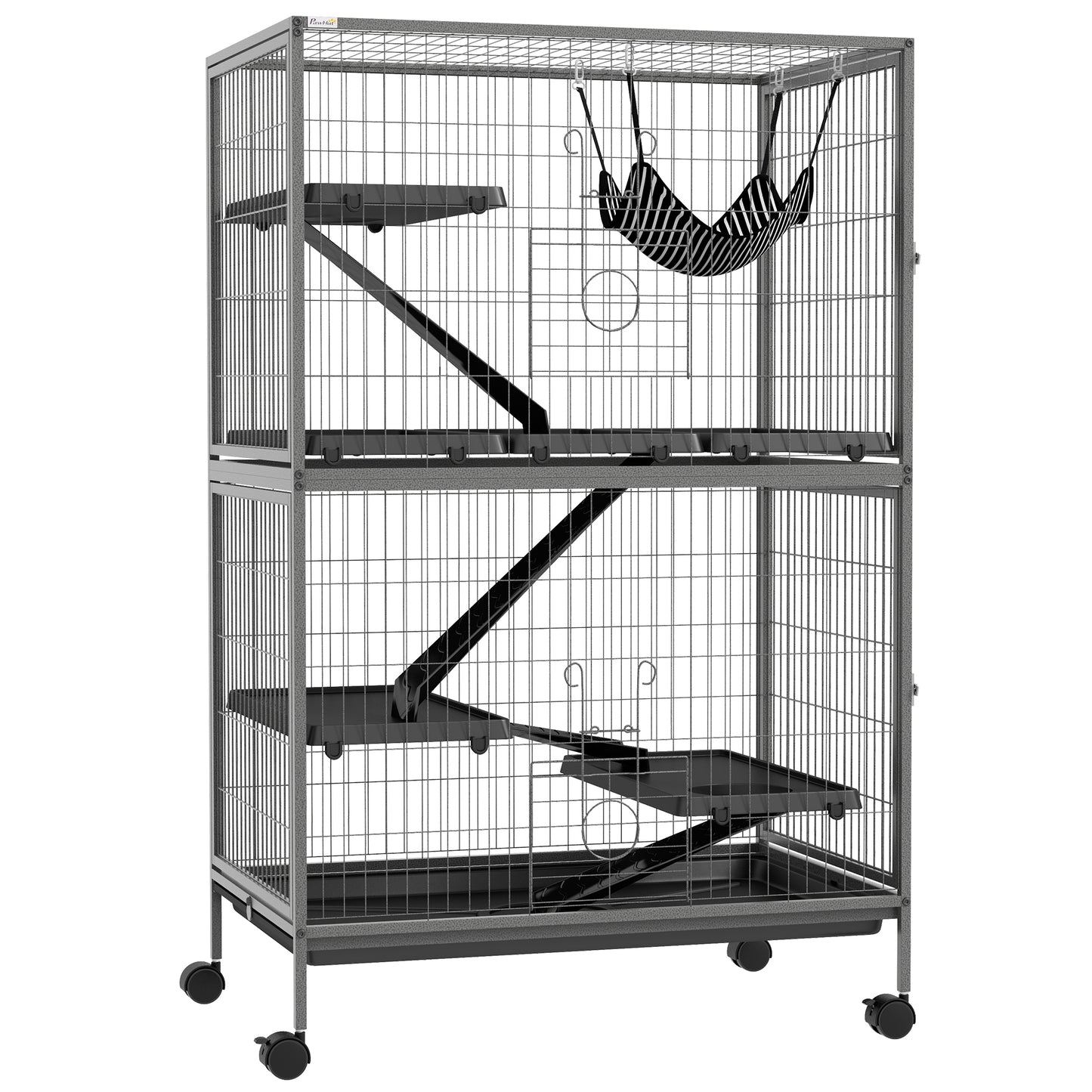 PawHut Jaula para Animales Pequeños de 4 Niveles Parque para Mascotas con Ruedas Rampas Hamaca Colgante y Bandeja Extraíble Recinto para Conejos Chinchillas Hurones 80x52x128 cm Gris