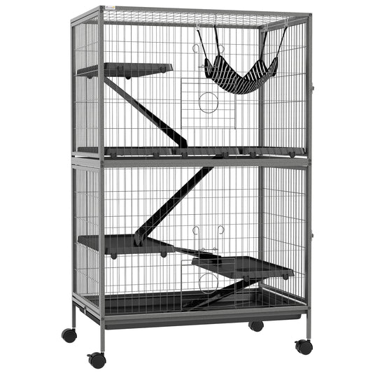 PawHut Jaula para Animales Pequeños de 4 Niveles Parque para Mascotas con Ruedas Rampas Hamaca Colgante y Bandeja Extraíble Recinto para Conejos Chinchillas Hurones 80x52x128 cm Gris