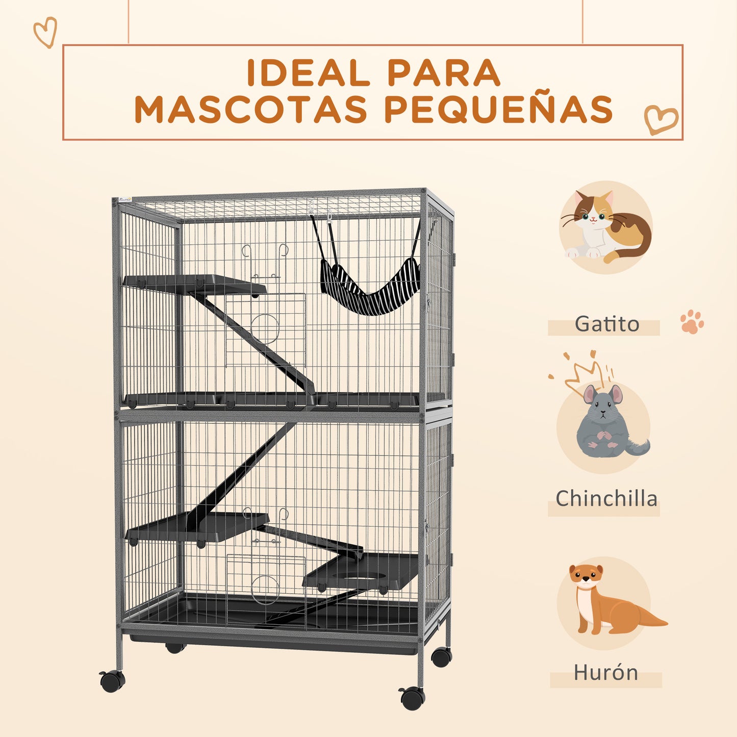 PawHut Jaula para Animales Pequeños de 4 Niveles Parque para Mascotas con Ruedas Rampas Hamaca Colgante y Bandeja Extraíble Recinto para Conejos Chinchillas Hurones 80x52x128 cm Gris