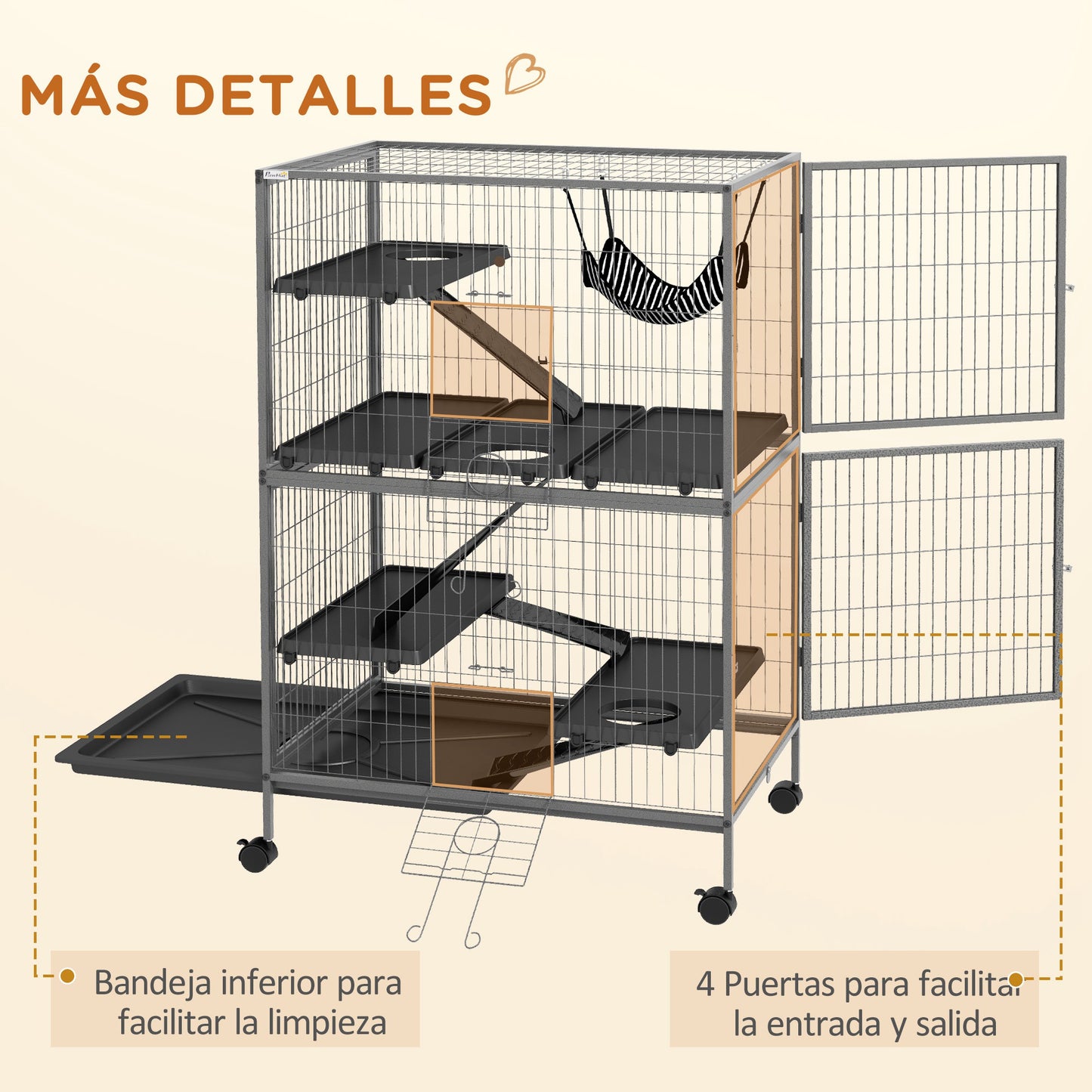 PawHut Jaula para Animales Pequeños de 4 Niveles Parque para Mascotas con Ruedas Rampas Hamaca Colgante y Bandeja Extraíble Recinto para Conejos Chinchillas Hurones 80x52x128 cm Gris