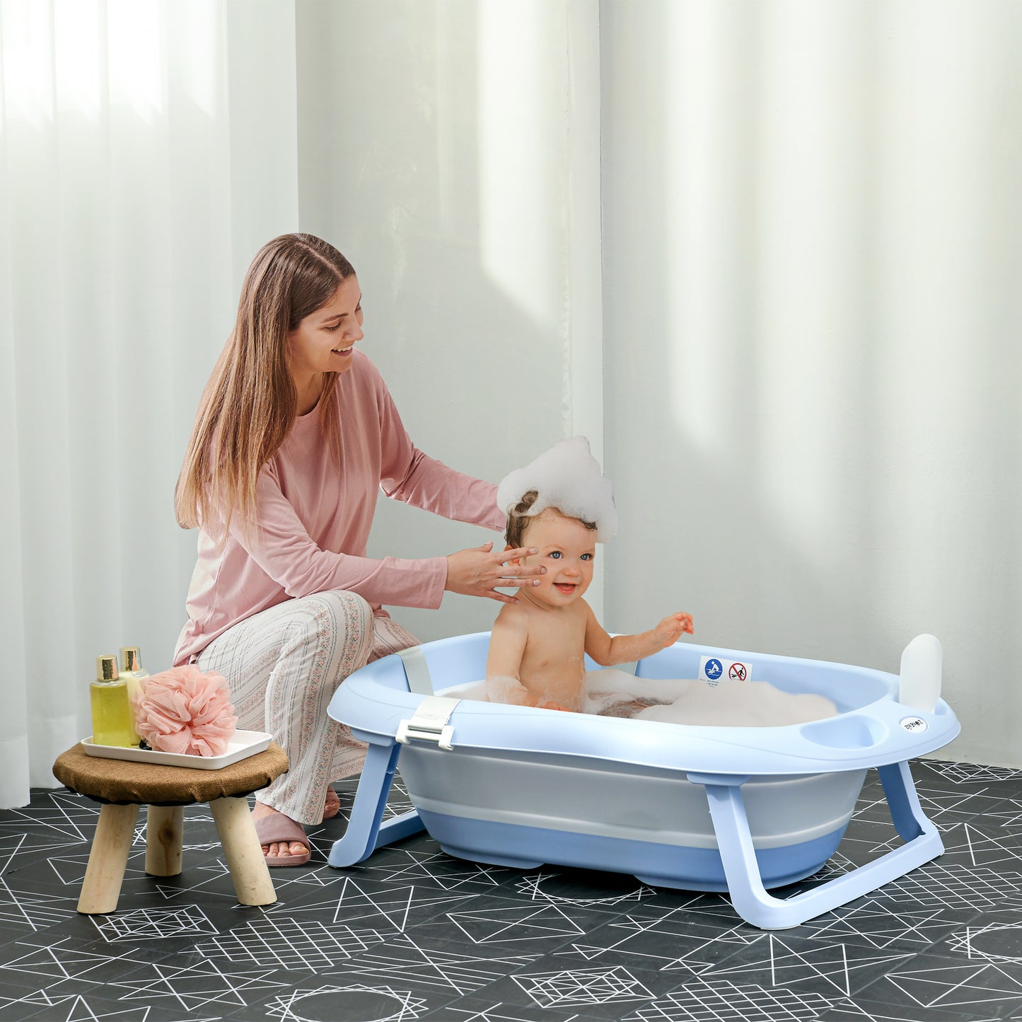 ZONEKIZ Bañera Plegable Bebé con Cojín Bañera Bebé Recién Nacido hasta 3 Años con Almohadillas Antideslizantes Orificio de Drenaje y Agujero de Ducha 83x48x23,5 cm Azul