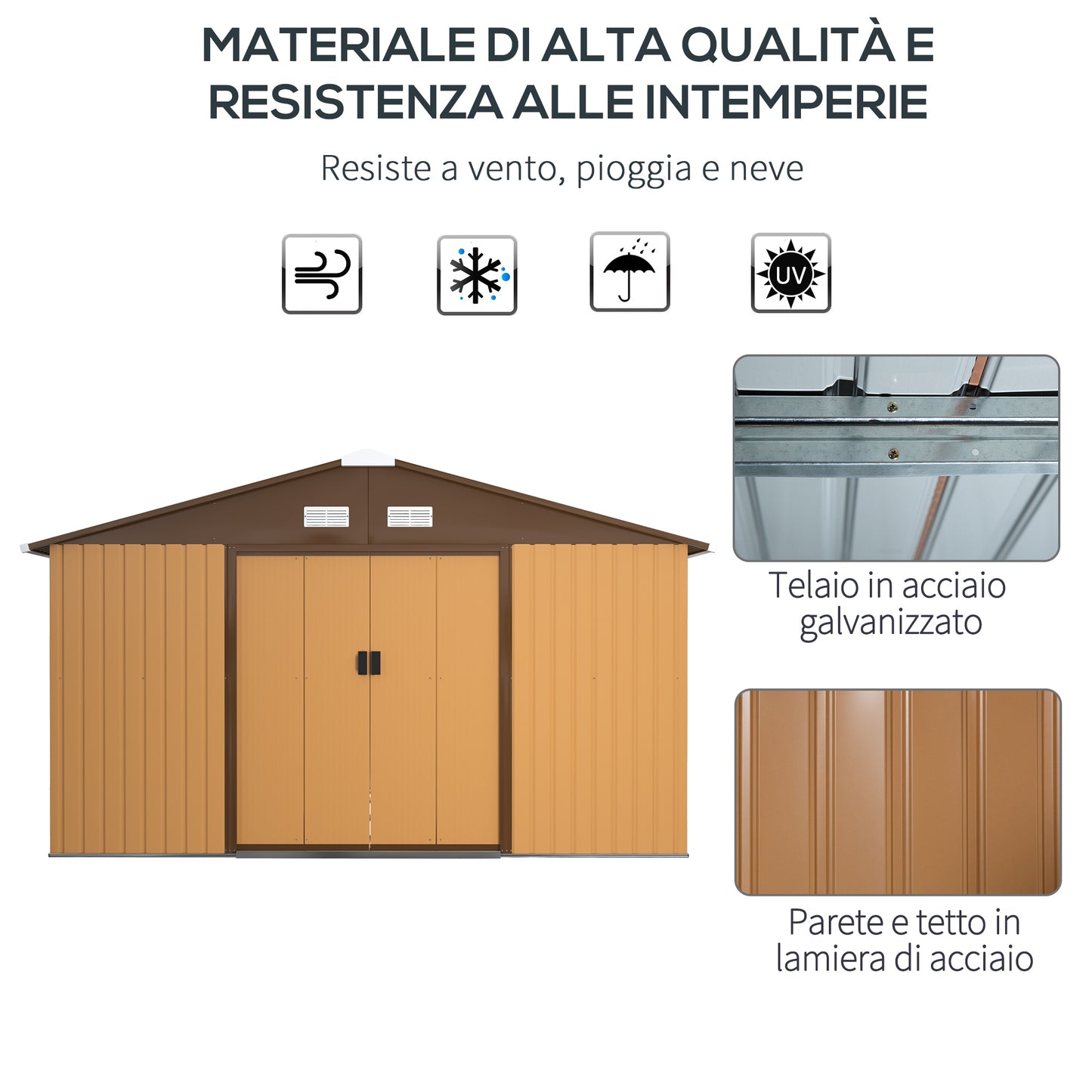 Outsunny Caseta de Jardín de Exterior Cobertizo de Jardín 12,4 m² 340x386x200 cm con 2 Puertas Corredizas Base Refuerzo (Suelo NO Incluido) para Patio Terraza Ocre Oscuro