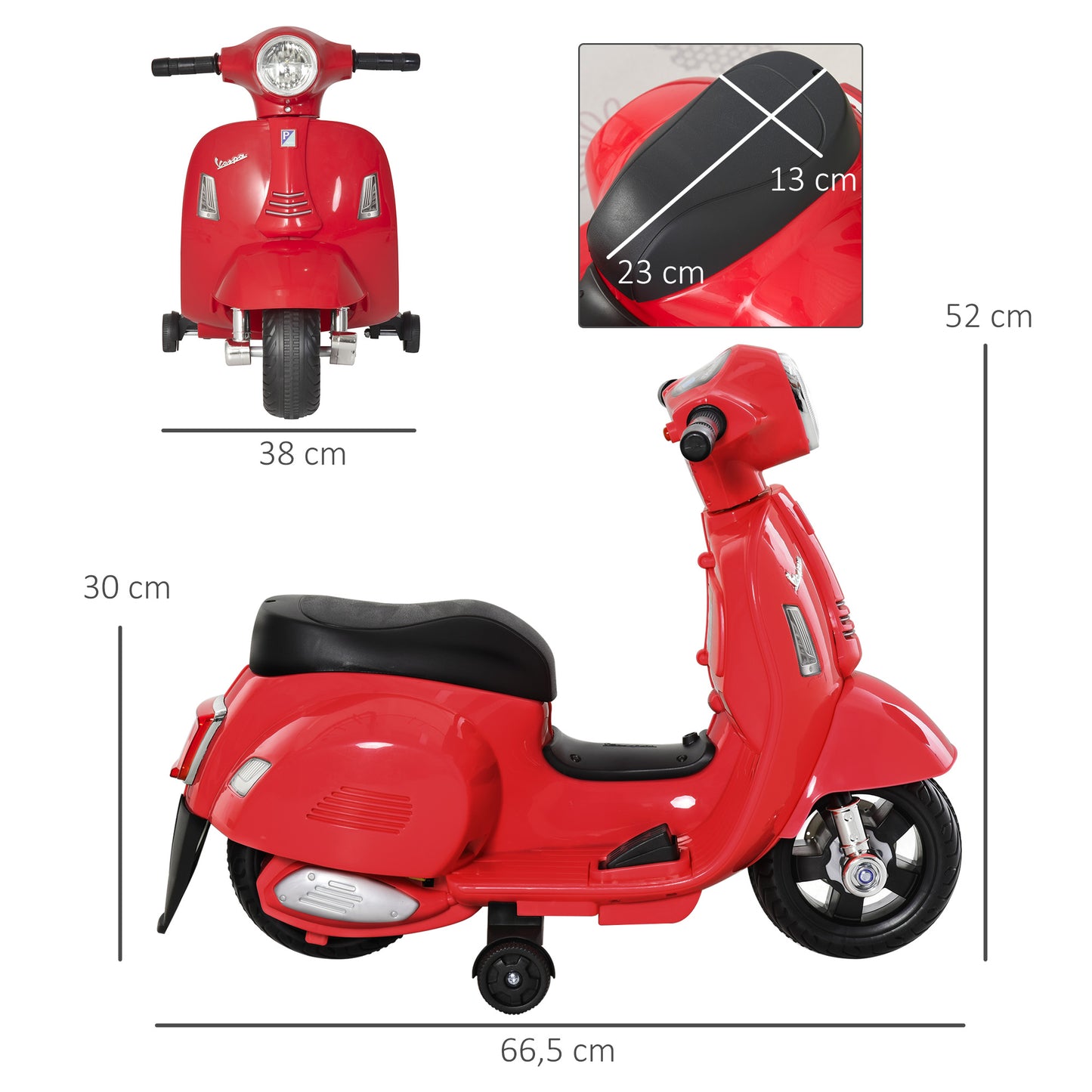 HOMCOM Moto Eléctrica Vespa para Niños de 18-36 Meses Moto de Batería 6V con Faro Bocina y 4 Ruedas Motocicleta Infantil con Licencia 66,5x38x52 cm Rojo