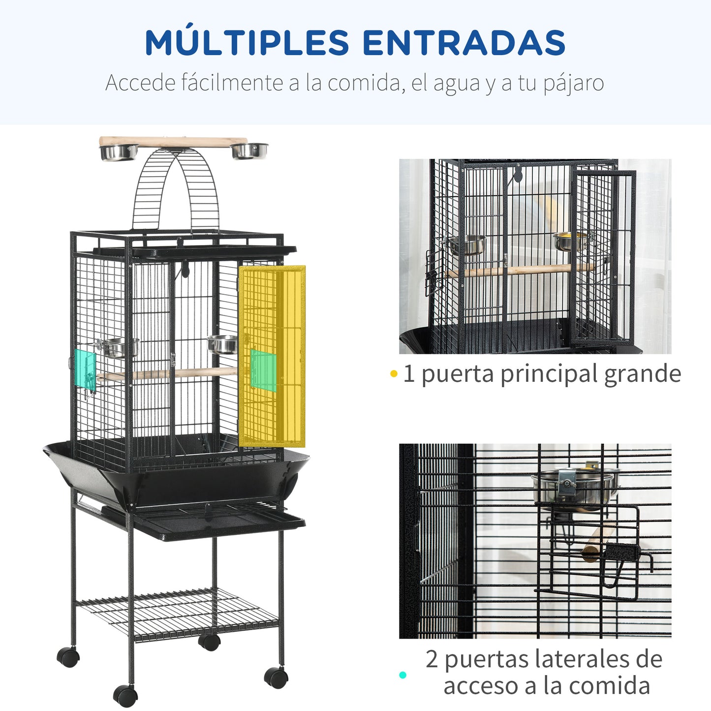 PawHut Jaula para Pájaros con Soporte y Ruedas 62,5x62,5x156 cm Jaula Metálica de Aves Canarios con Puente de Arco 2 Perchas 4 Comederos 2 Bandejas Extraíbles y Estante Inferior Gris