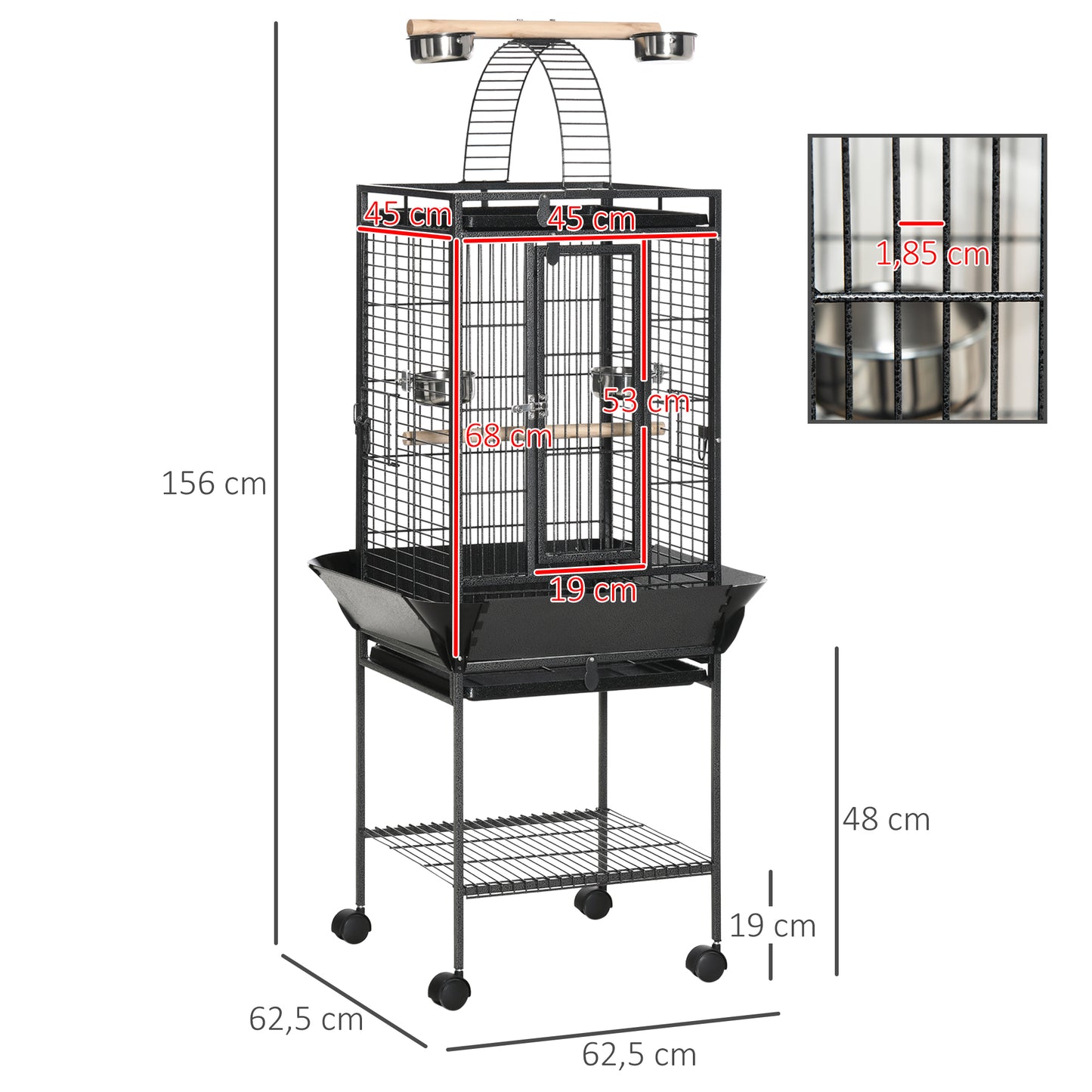 PawHut Jaula para Pájaros con Soporte y Ruedas 62,5x62,5x156 cm Jaula Metálica de Aves Canarios con Puente de Arco 2 Perchas 4 Comederos 2 Bandejas Extraíbles y Estante Inferior Gris