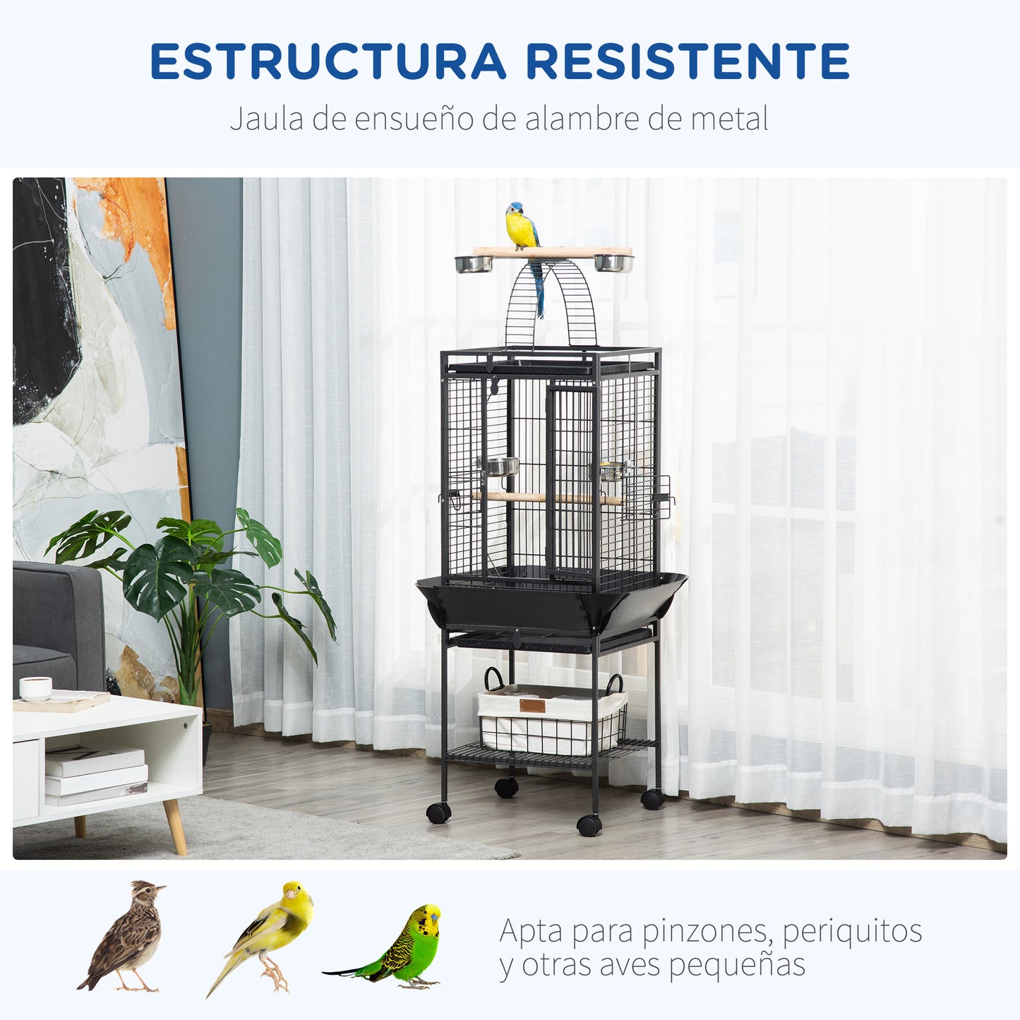 PawHut Jaula para Pájaros con Soporte y Ruedas 62,5x62,5x156 cm Jaula Metálica de Aves Canarios con Puente de Arco 2 Perchas 4 Comederos 2 Bandejas Extraíbles y Estante Inferior Gris