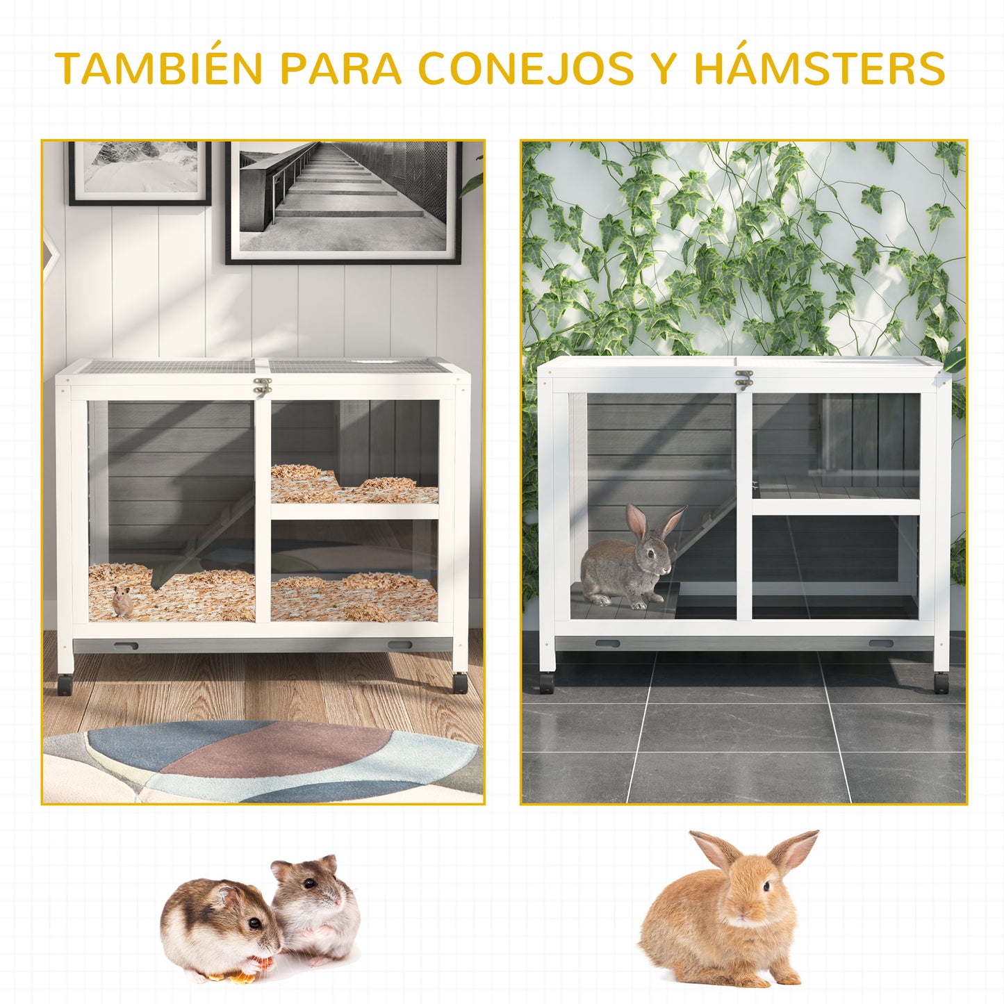 PawHut Conejera de Madera con Ruedas 91,5x53,3x73 cm Jaula para Conejos de 2 Niveles con Techo Abatible Bandeja Extraíble y Rampa Gris