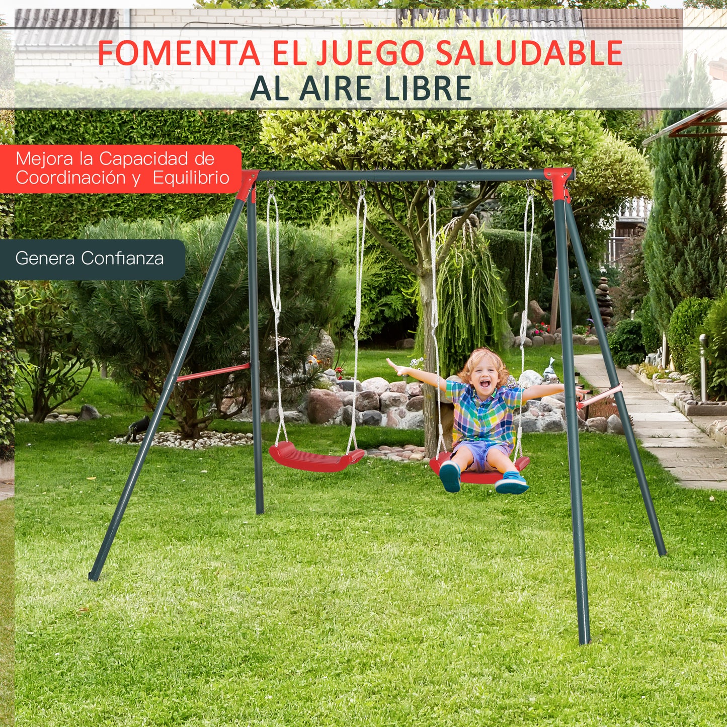 Outsunny Columpio Doble para Niños +3 Años con Soporte de Metal Juego de Columpio Infantil Cuerda Ajustable Exteriores Carga Máx. 40kg 239x156x180 cm Verde Rojo