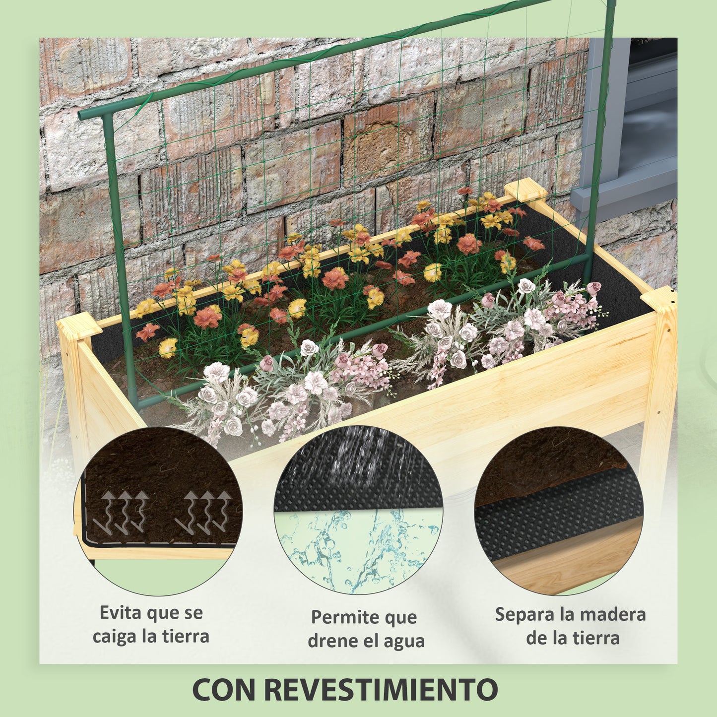 Outsunny Huerto Urbano Elevado con Enrejado Mesa de Cultivo Jardinera Elevada para Trepar Enredaderas de Verduras Plantas Flores Carga 300 kg 120x60x75 cm Natural