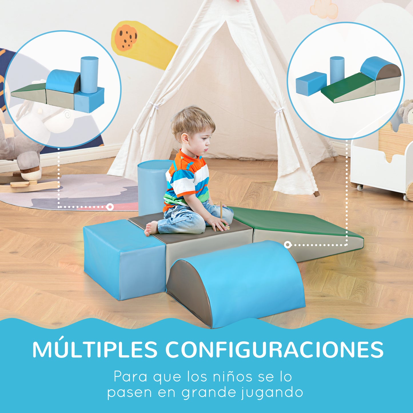 HOMCOM Juego de 5 Bloques Psicomotricidad para Niños Bloques de Construcción Figuras de Construcción Juguete para Aprendizaje para Escalar y Gatear Multicolor