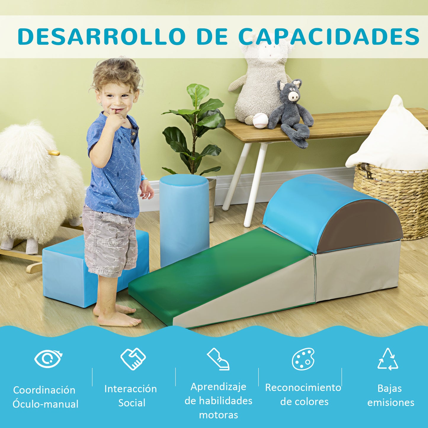 HOMCOM Juego de 5 Bloques Psicomotricidad para Niños Bloques de Construcción Figuras de Construcción Juguete para Aprendizaje para Escalar y Gatear Multicolor