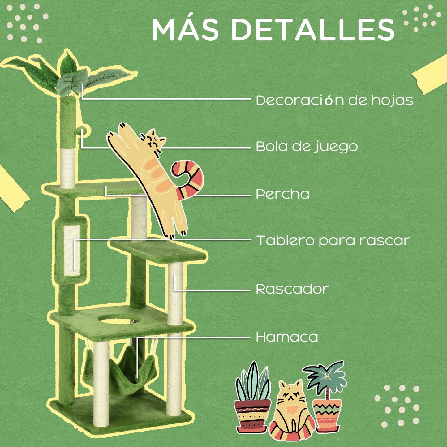 PawHut Árbol Rascador para Gatos Grandes de 142 cm Torre para Gatos de Interior con Postes de Sisal Plataformas Hamaca Hojas y Bola de Juguete 49x49x142 cm Verde