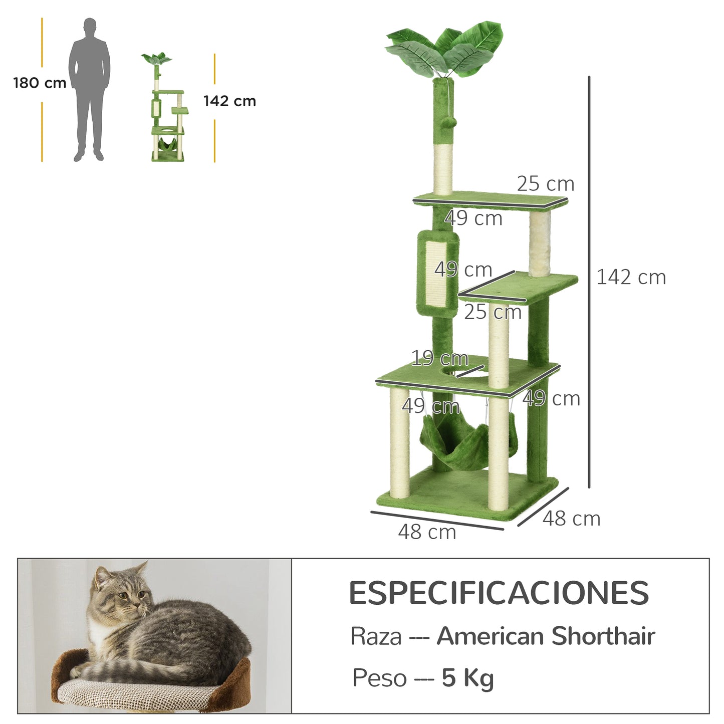 PawHut Árbol Rascador para Gatos Grandes de 142 cm Torre para Gatos de Interior con Postes de Sisal Plataformas Hamaca Hojas y Bola de Juguete 49x49x142 cm Verde