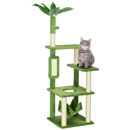 PawHut Árbol Rascador para Gatos Grandes de 142 cm Torre para Gatos de Interior con Postes de Sisal Plataformas Hamaca Hojas y Bola de Juguete 49x49x142 cm Verde