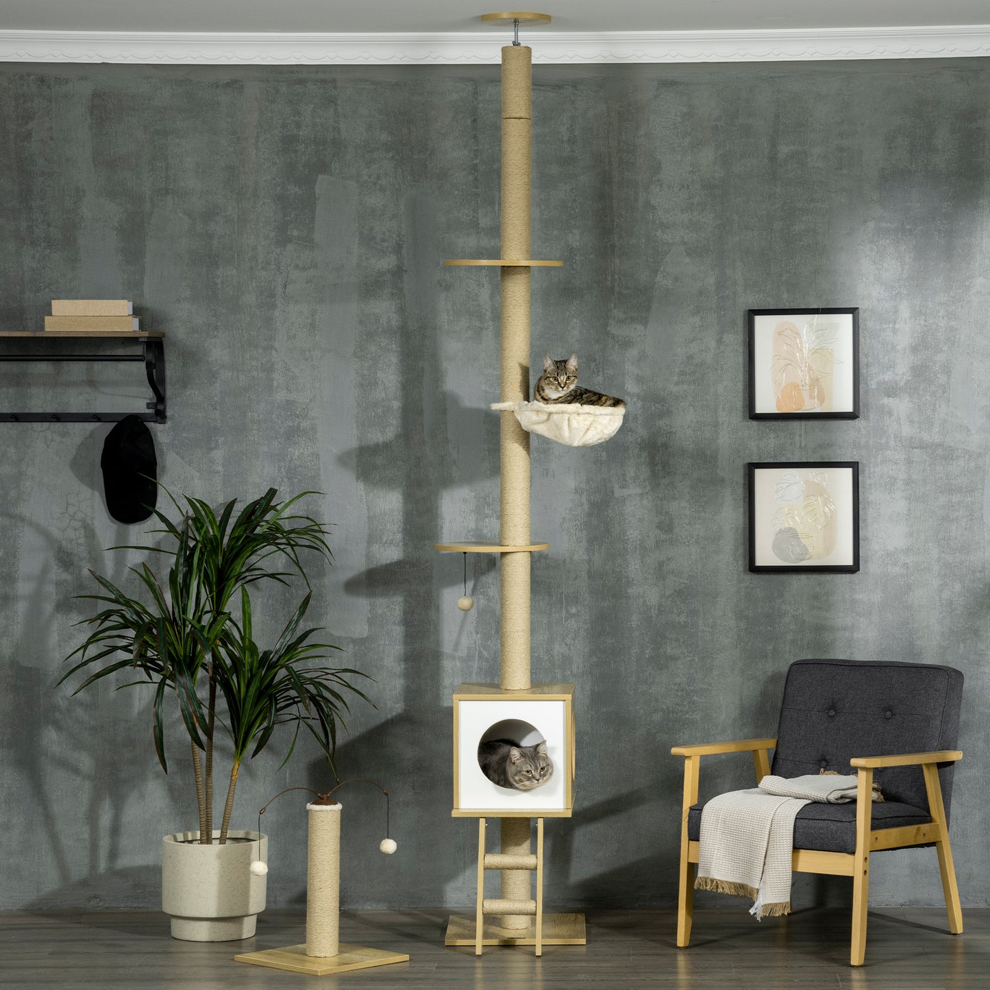 PawHut Árbol para Gatos del Suelo al Techo 225-285 cm Árbol Pequeño para Gatos con Altura Ajustable Plataformas Hamaca Caseta Poste de Yute Rampa y Bolas para Jugar 40x40x225-285 cm Beige