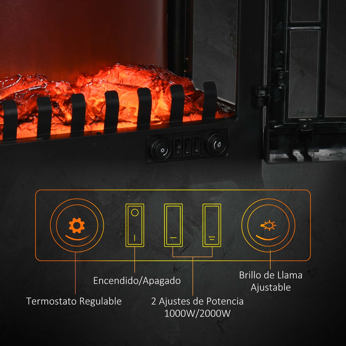 HOMCOM Chimenea Eléctrica 1000 W/2000 W Chimenea Decorativa de Pie con Ventanas LED Llamas Brillo Ajustable y Protección Sobrecalentamiento para 15-20 ㎡ 60x37x60,5 cm Negro