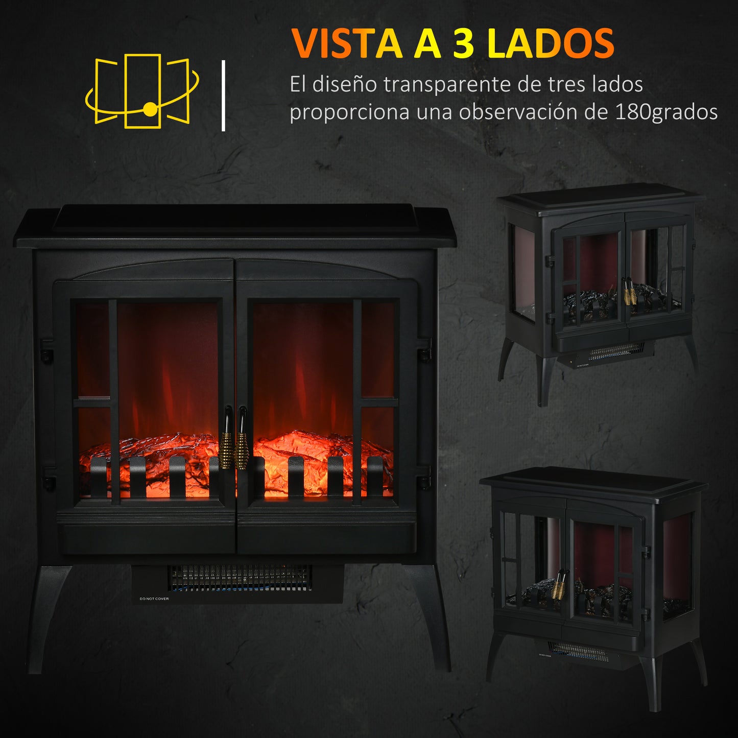 HOMCOM Chimenea Eléctrica 1000 W/2000 W Chimenea Decorativa de Pie con Ventanas LED Llamas Brillo Ajustable y Protección Sobrecalentamiento para 15-20 ㎡ 60x37x60,5 cm Negro