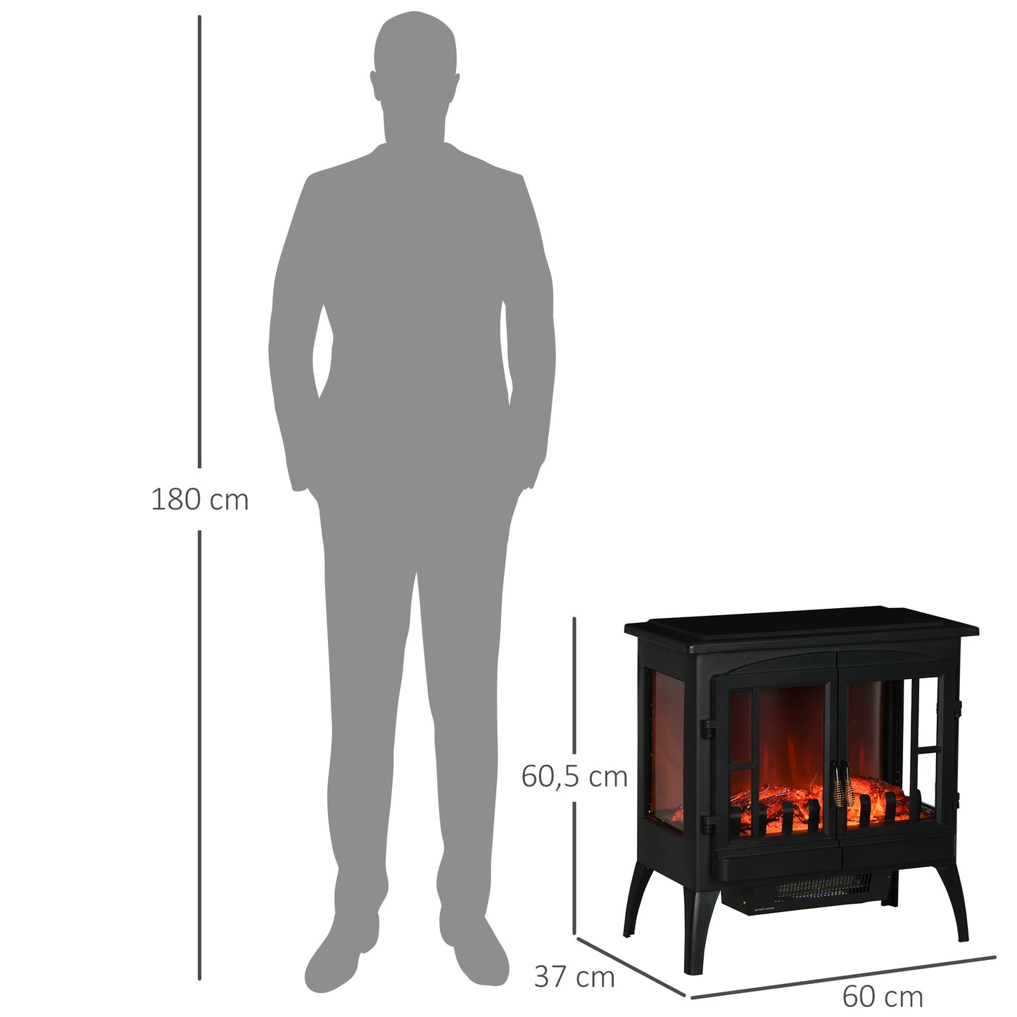 HOMCOM Chimenea Eléctrica 1000 W/2000 W Chimenea Decorativa de Pie con Ventanas LED Llamas Brillo Ajustable y Protección Sobrecalentamiento para 15-20 ㎡ 60x37x60,5 cm Negro