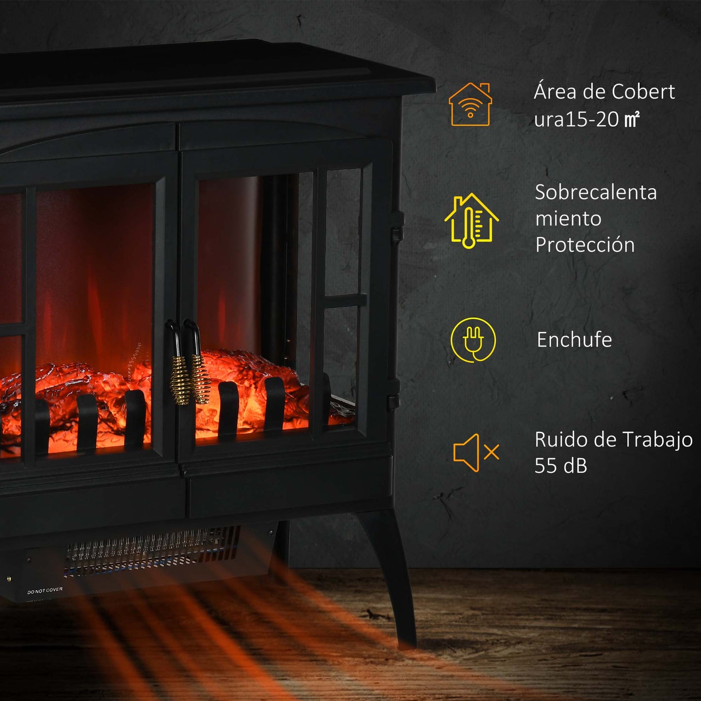 HOMCOM Chimenea Eléctrica 1000 W/2000 W Chimenea Decorativa de Pie con Ventanas LED Llamas Brillo Ajustable y Protección Sobrecalentamiento para 15-20 ㎡ 60x37x60,5 cm Negro