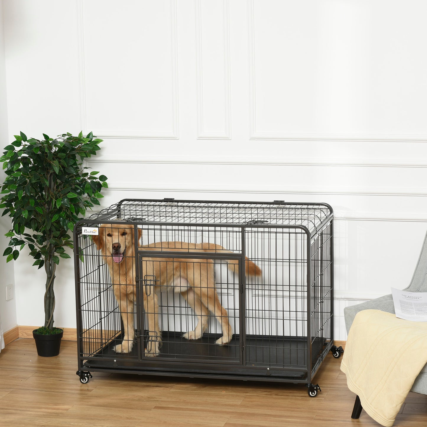 PawHut Jaula de Metal para Perros Plegable con Ruedas y Frenos Bandeja Extraíble y Puerta con Pestillos para Golden Retriver Labrador 125x76x81 cm Gris Oscuro