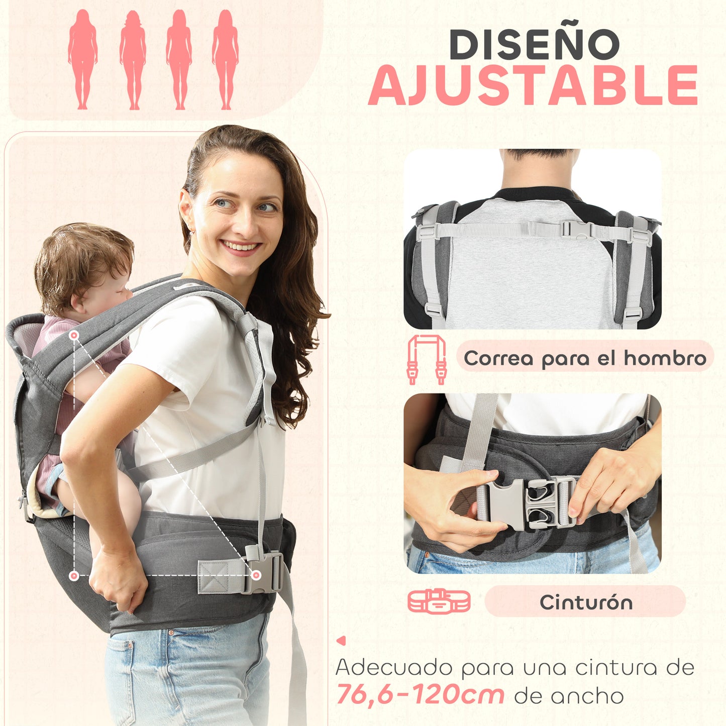 AIYAPLAY Mochila Portabebés de Recién Nacido hasta 36 Meses Portabebés con Asiento Extraíble Cinturón Ajustable y Bolsillo de Almacenamiento Carga 15 kg Gris