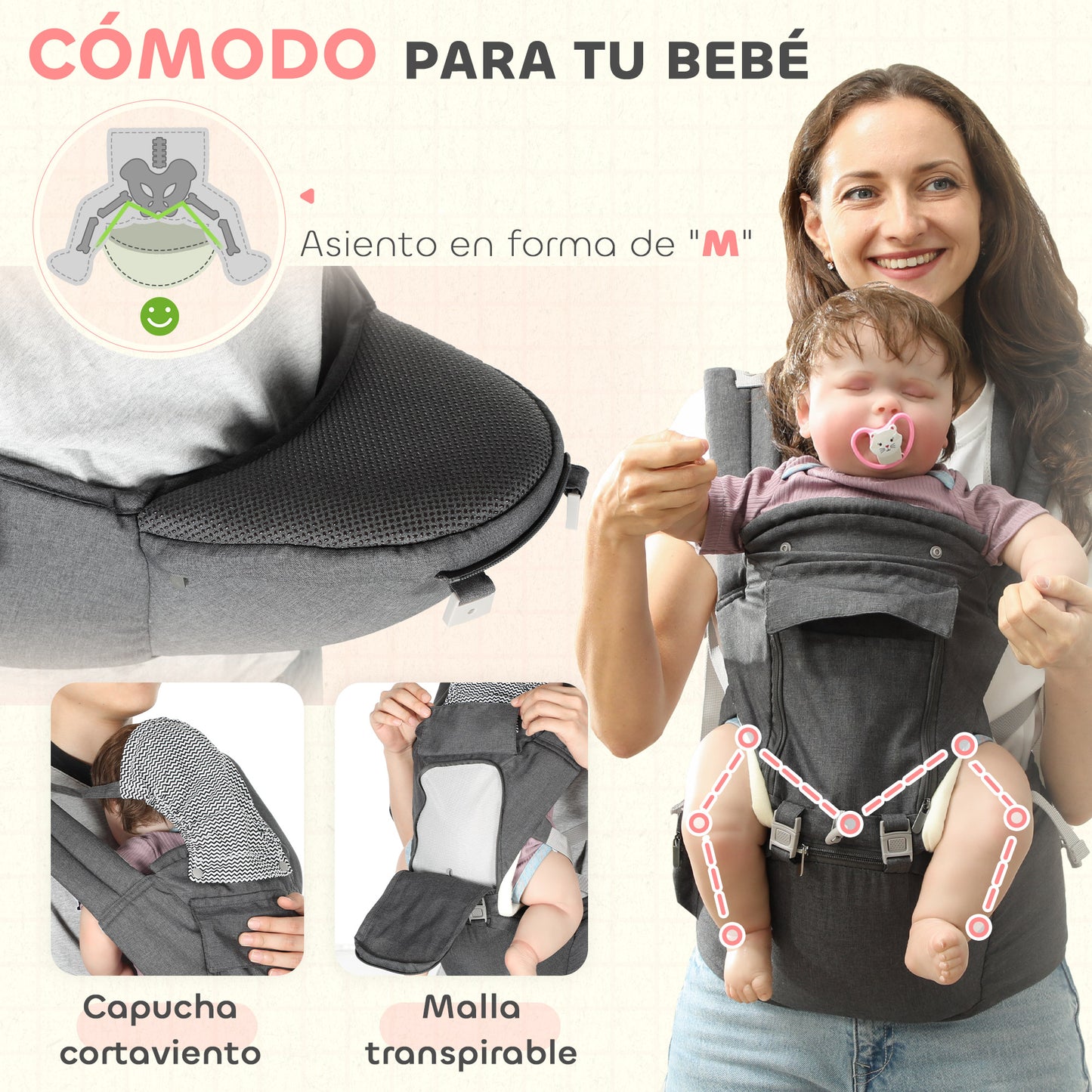 AIYAPLAY Mochila Portabebés de Recién Nacido hasta 36 Meses Portabebés con Asiento Extraíble Cinturón Ajustable y Bolsillo de Almacenamiento Carga 15 kg Gris