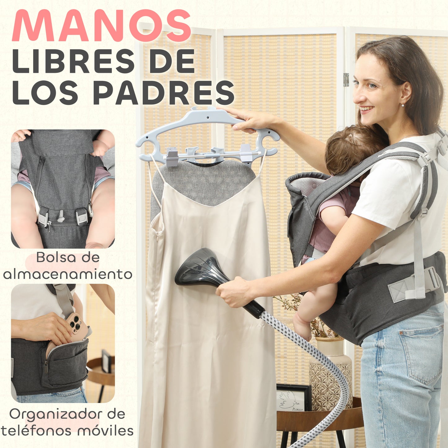 AIYAPLAY Mochila Portabebés de Recién Nacido hasta 36 Meses Portabebés con Asiento Extraíble Cinturón Ajustable y Bolsillo de Almacenamiento Carga 15 kg Gris