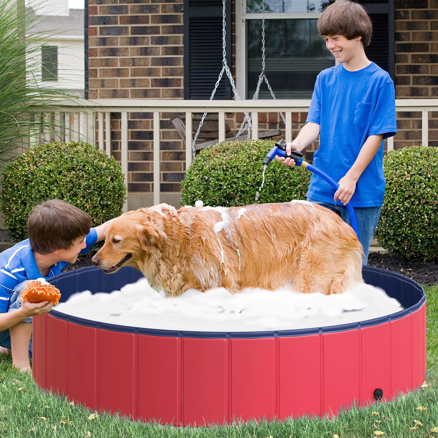 PawHut Piscina Plegable para Perros Ø140x30 cm Bañera para Mascotas Gatos de PVC Antideslizante Resistente al Desgaste Adecuado para Interior y Exterior Rojo