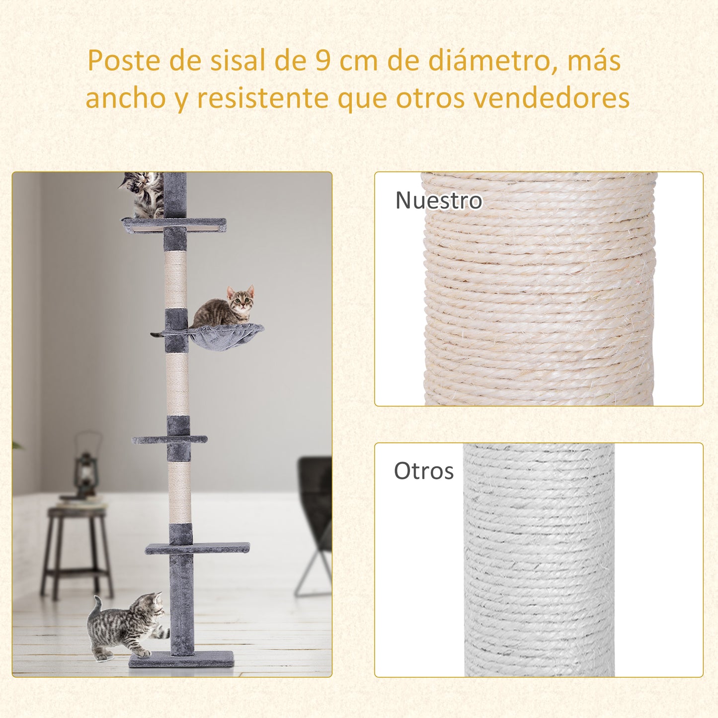 PawHut Árbol para Gatos de Suelo al Techo de 230-260 cm Torre para Gatos con Altura Ajustable Plataformas Hamaca y Postes de Sisal Gris