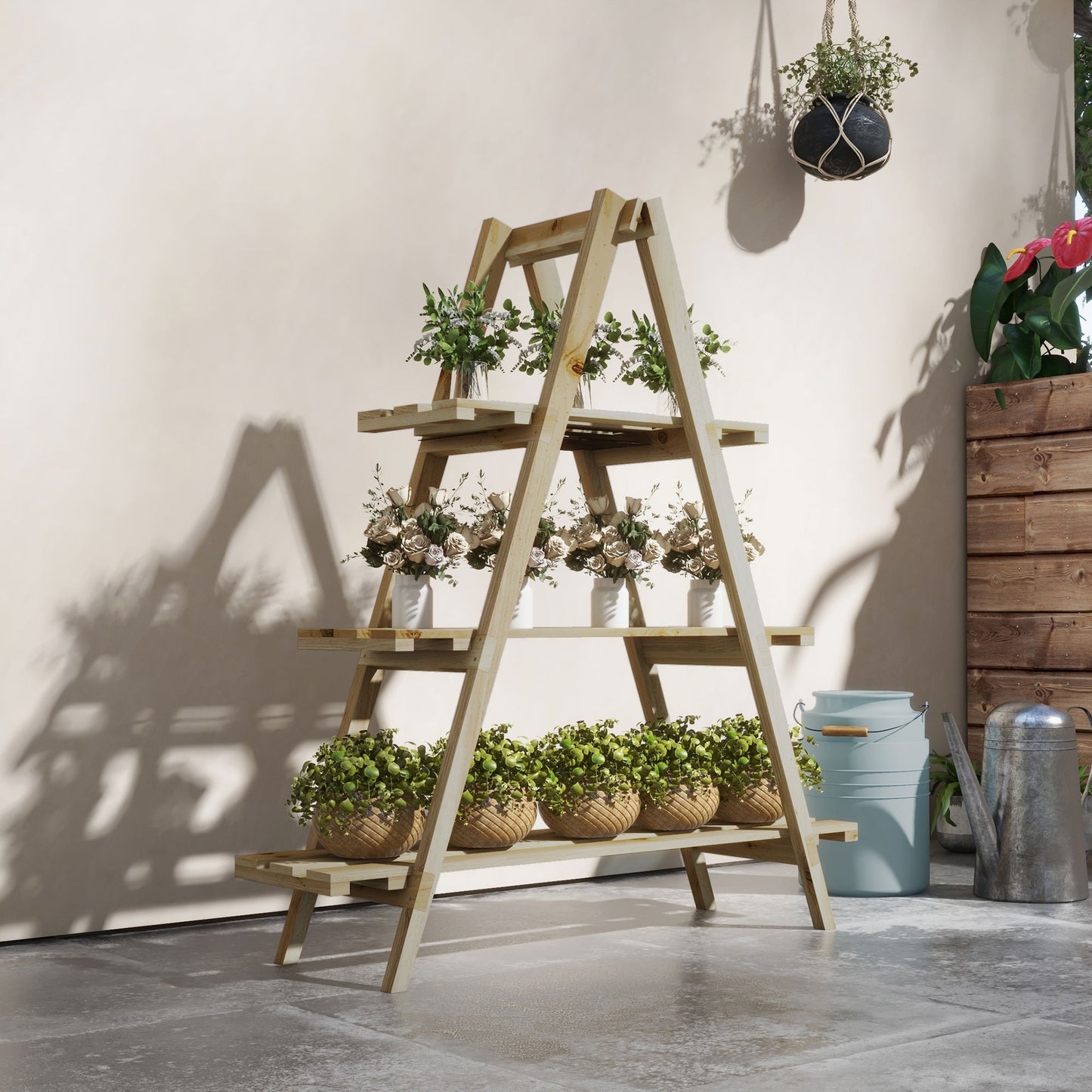 Outsunny Estantería para Plantas Plegable de Madera Soporte para Macetas de 3 Niveles con Marco en A para Exteriores Interiores Salón Jardín Balcón 100x36x112 cm Natural