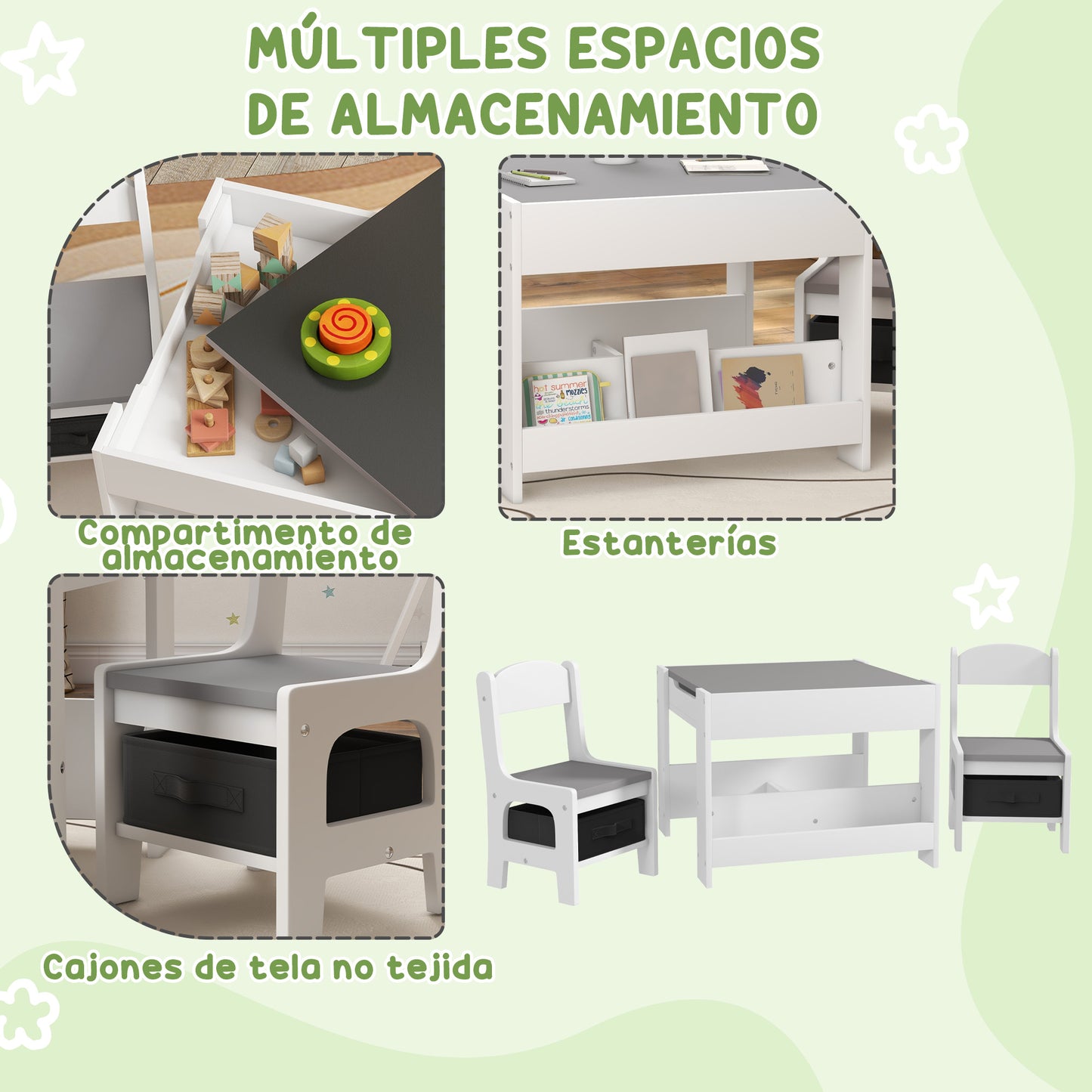 HOMCOM Juego de Mesa y 2 Sillas Infantiles Mesa con Sillas para Niños 2 en 1 con Pizarra Cajones de Tela y Espacio de Almacenamiento para Guardería Sala de Juegos Gris