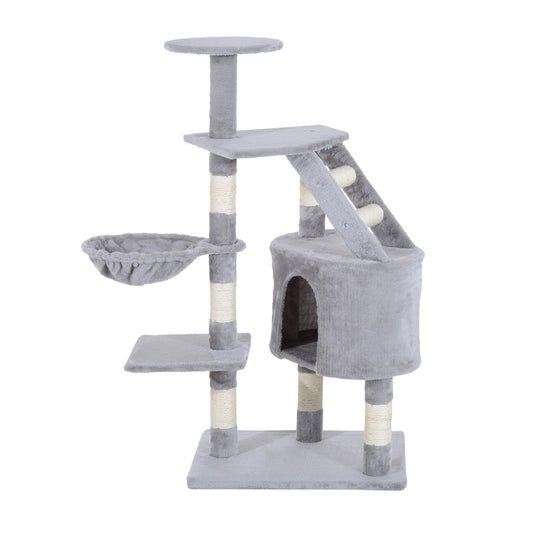 PawHut Rascador Árbol para Gatos Grande 55x40x125 cm Torre para Gatos con Postes Escalera Cueva Espaciosa Hamaca y Varias Plataformas Gris