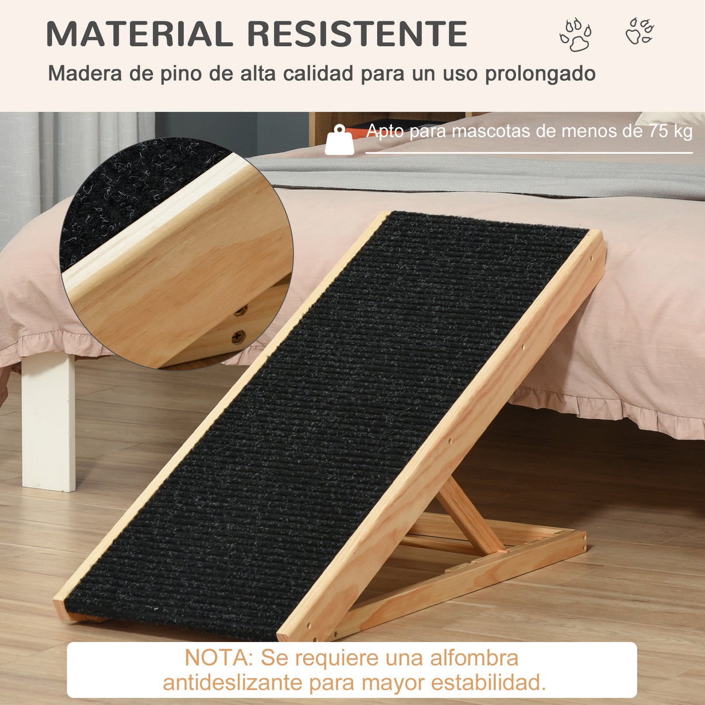 PawHut Rampa Plegable para Perros y Gatos de Madera con Altura Ajustable de 4 Niveles y Alfombra Antideslizante Escaleras de Mascotas para Coche Cama y Sofá 90x40x61 cm Natural