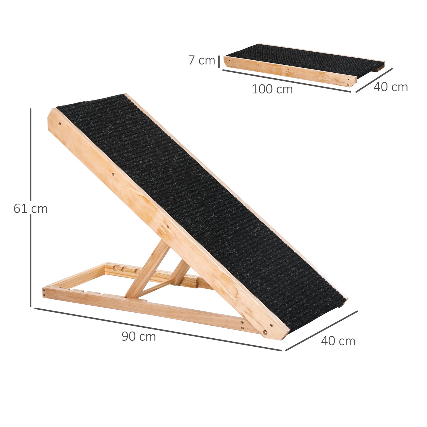 PawHut Rampa Plegable para Perros y Gatos de Madera con Altura Ajustable de 4 Niveles y Alfombra Antideslizante Escaleras de Mascotas para Coche Cama y Sofá 90x40x61 cm Natural