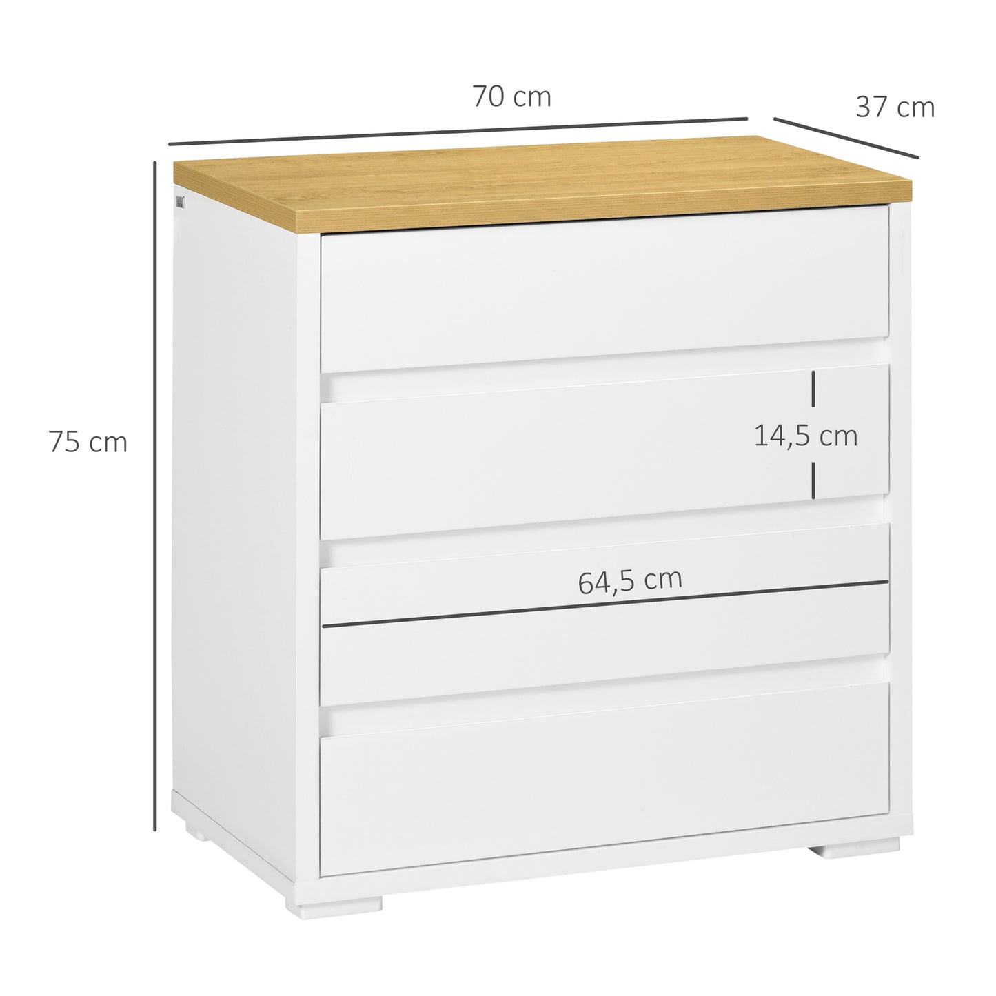 HOMCOM Cómoda Moderna con 4 Cajones Mueble Cajonera de Madera para Dormitorio Salón Habitación Carga 40 kg 70x37x75 cm Blanco y Natural