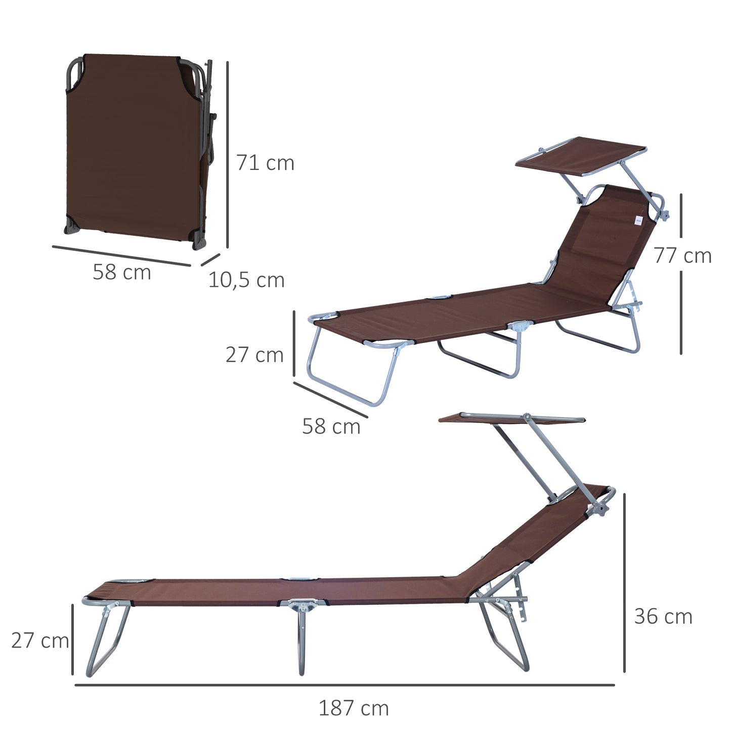 Outsunny Tumbona de Jardín Plegable Silla Tumbona con Toldo Desmontable y Regulable Respaldo Reclinable para Terraza Acampada al Aire Libre 187x58x36 cm Marrón