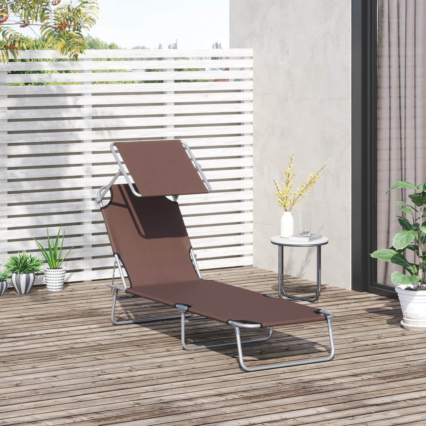 Outsunny Tumbona de Jardín Plegable Silla Tumbona con Toldo Desmontable y Regulable Respaldo Reclinable para Terraza Acampada al Aire Libre 187x58x36 cm Marrón