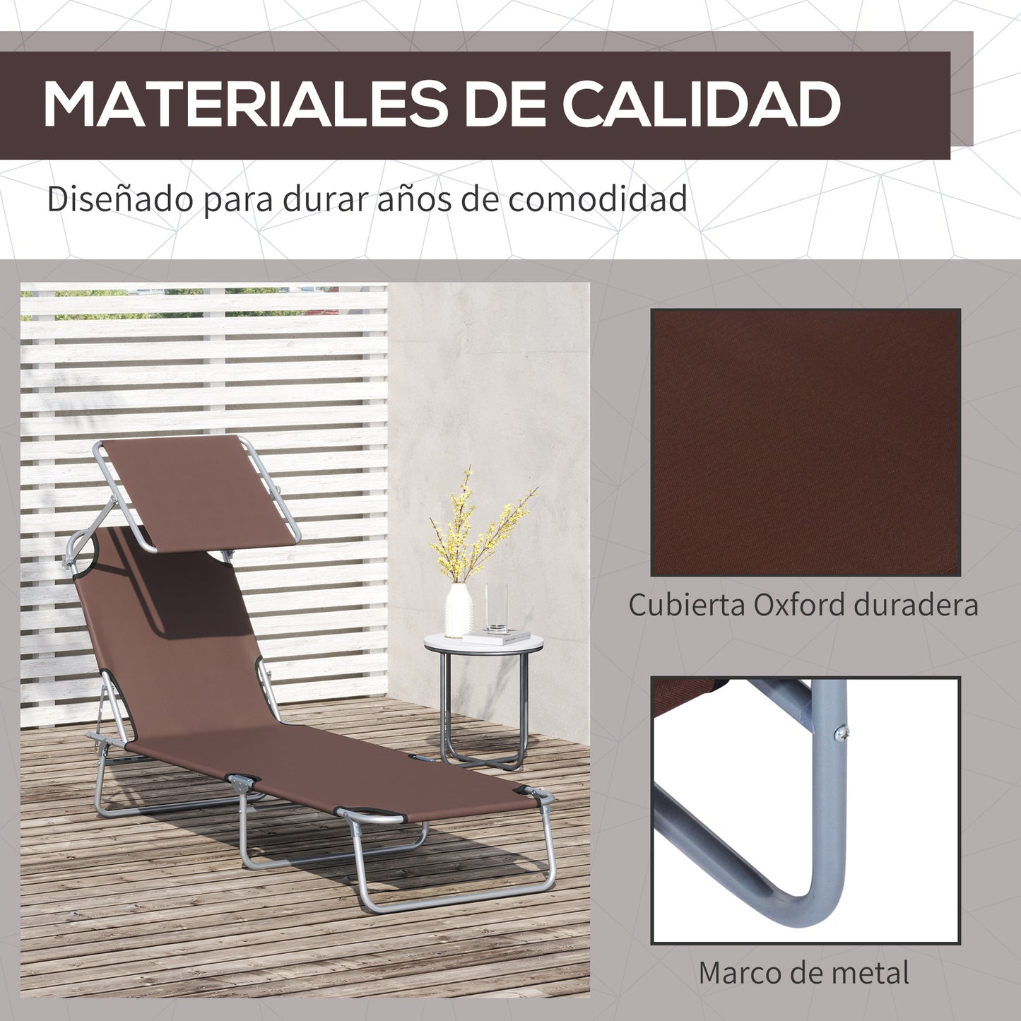 Outsunny Tumbona de Jardín Plegable Silla Tumbona con Toldo Desmontable y Regulable Respaldo Reclinable para Terraza Acampada al Aire Libre 187x58x36 cm Marrón