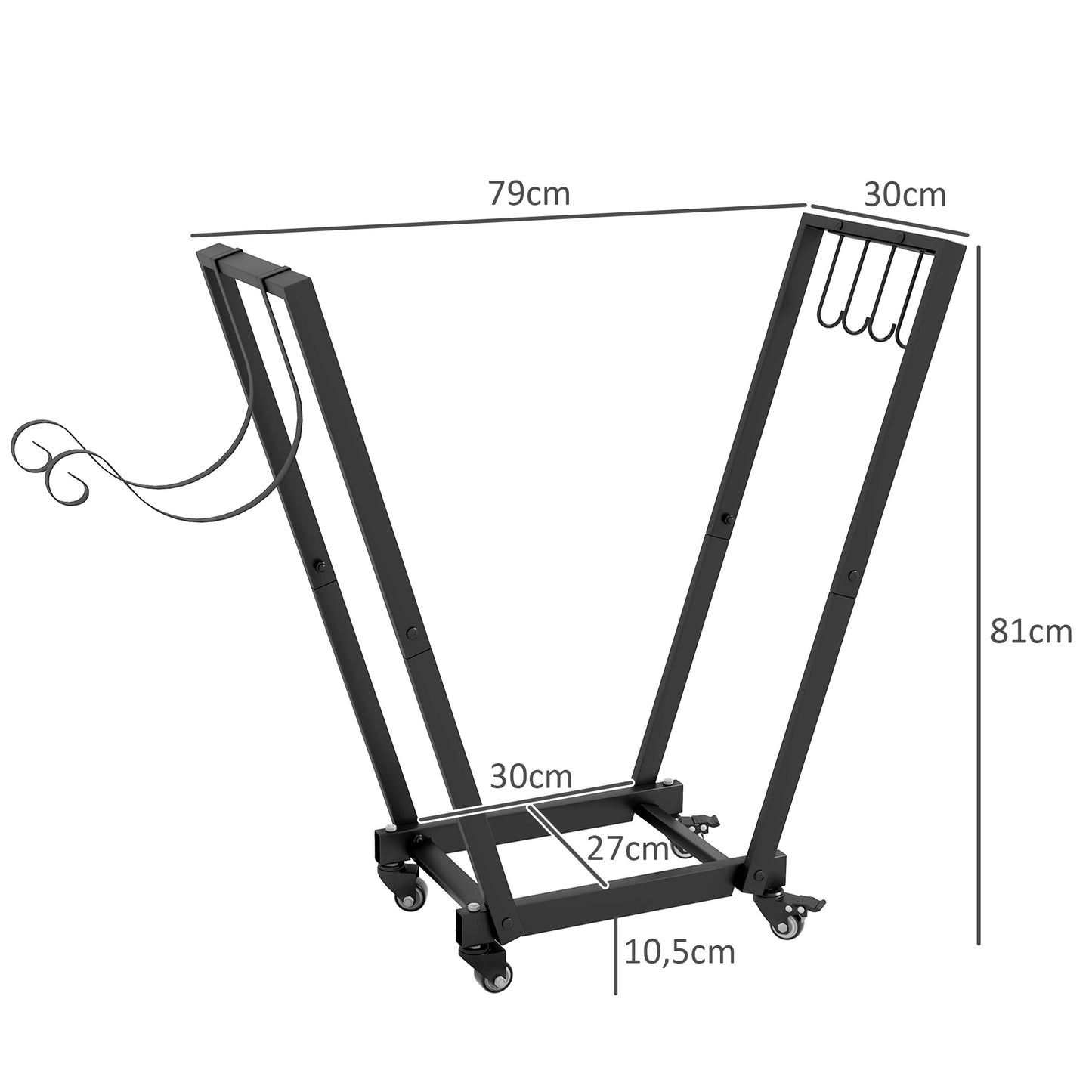 Outsunny Soporte para Leña Estante de Leña Metálico Leñero de Exterior de Metal con Ruedas y Gancho para Interior y Exterior Carga 50 kg 79x30x81 cm Negro