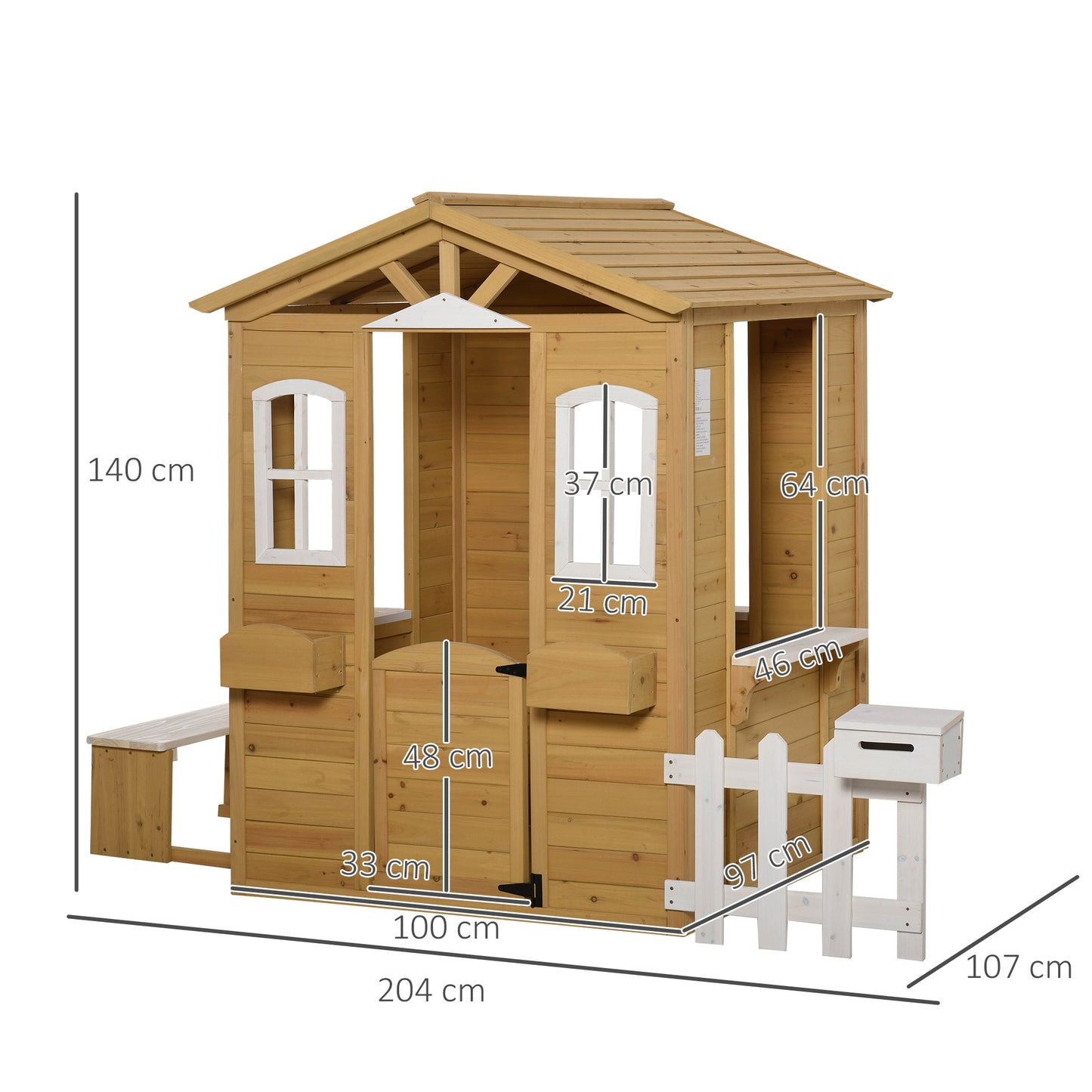 Outsunny Casita Infantil de Exterior a Partir de 3 Años Casa de Juegos de Madera con Buzón Banco 204x107x140 cm para Exterior Interior Color Madera Natural