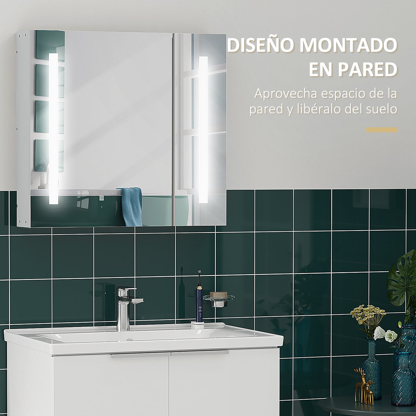 kleankin Armario con Espejo de Baño con Luz LED Armario de Baño Colgante con 2 Puertas Función de Memoria e Interruptor Táctil Estilo Moderno 70x15x65 cm Blanco