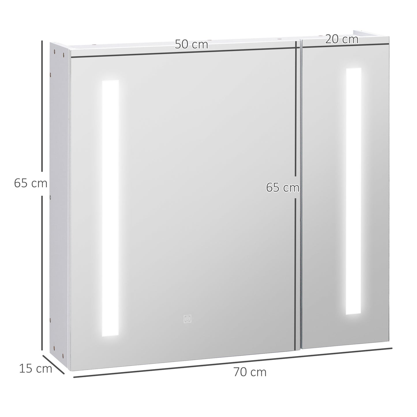 kleankin Armario con Espejo de Baño con Luz LED Armario de Baño Colgante con 2 Puertas Función de Memoria e Interruptor Táctil Estilo Moderno 70x15x65 cm Blanco