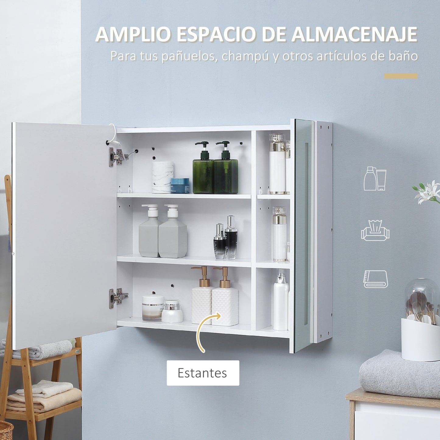 kleankin Armario con Espejo de Baño con Luz LED Armario de Baño Colgante con 2 Puertas Función de Memoria e Interruptor Táctil Estilo Moderno 70x15x65 cm Blanco