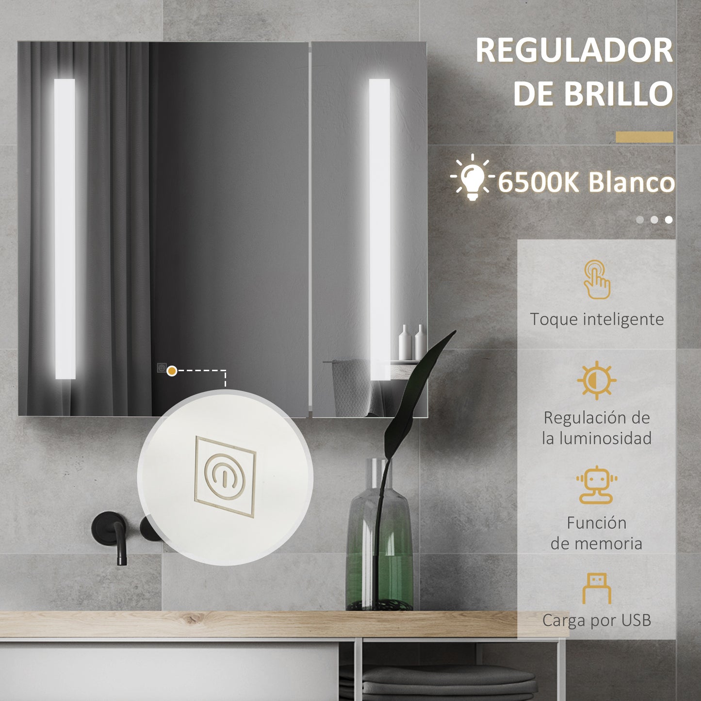 kleankin Armario con Espejo de Baño con Luz LED Armario de Baño Colgante con 2 Puertas Función de Memoria e Interruptor Táctil Estilo Moderno 70x15x65 cm Blanco