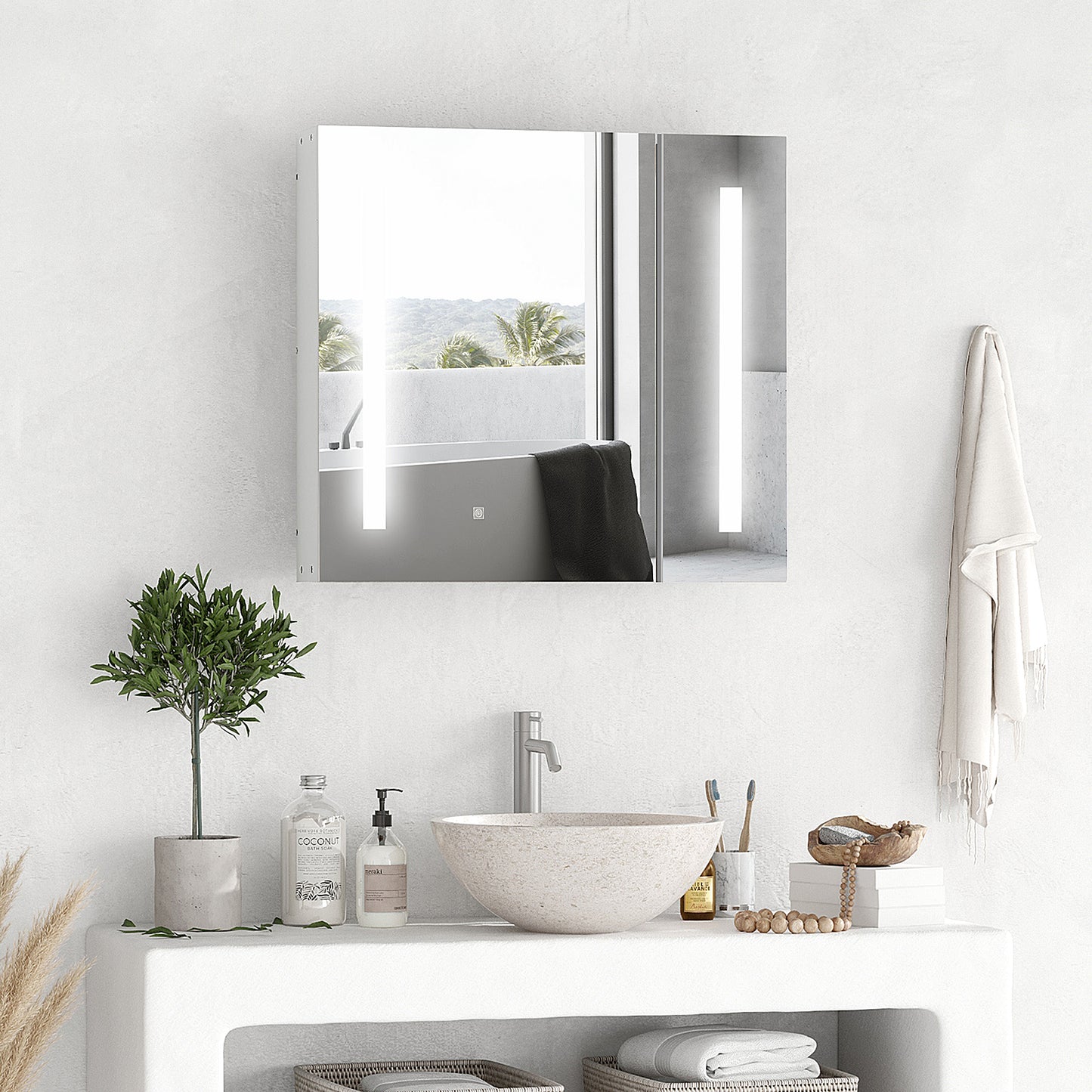 kleankin Armario con Espejo de Baño con Luz LED Armario de Baño Colgante con 2 Puertas Función de Memoria e Interruptor Táctil Estilo Moderno 70x15x65 cm Blanco