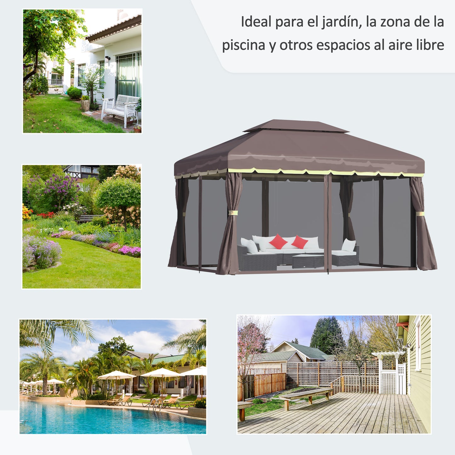 Outsunny Cenador de Jardín 4x3 m Gazebo de Aluminio con Techo de Ventilación 4 Cortinas Laterales 4 Mosquiteras y 8 Orificios de Drenaje para Fiestas Eventos Exterior Café