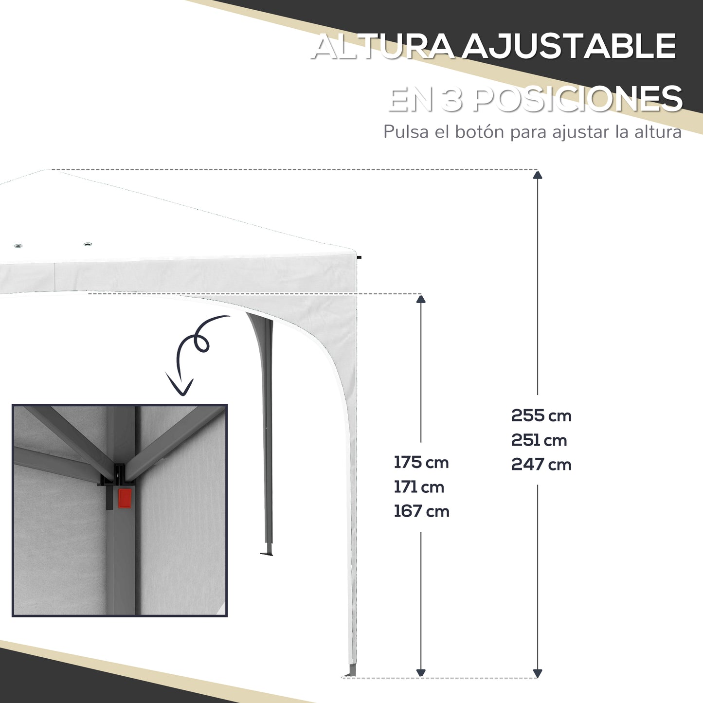 Outsunny Carpa Plegable 3x3 m Cenador de Jardín Altura Ajustable con Bolsa de Transporte Impermeable Anti-UV y Bolsas de Arena Gazebo para Exteriores Jardín Patio Blanco