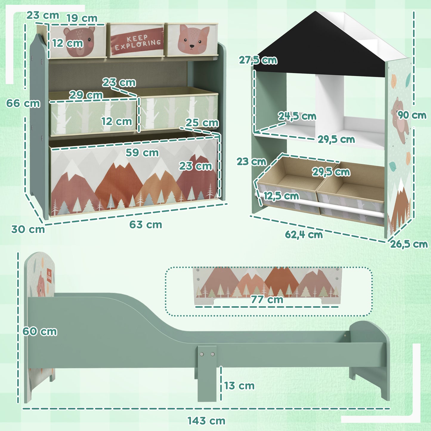 ZONEKIZ Conjunto para Niños Incluye 1 Cama Infantil 1 Estantería para Juguetes con Pizarra Pintable y 1 Organizador de Juguetes con 6 Cajas de Tela Extraíbles Verde