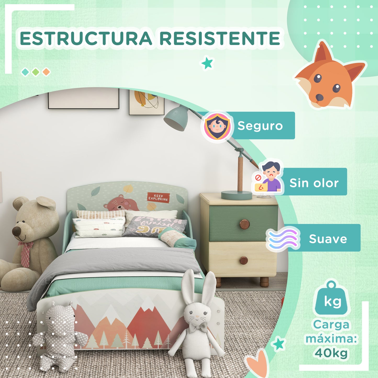 ZONEKIZ Conjunto para Niños Incluye 1 Cama Infantil 1 Estantería para Juguetes con Pizarra Pintable y 1 Organizador de Juguetes con 6 Cajas de Tela Extraíbles Verde